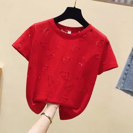 Women's T-Shirt Tshirt Women Summer Korean Fashion Round Neck Hollow Red T-shirt Short-sleeved Loose Top 230421