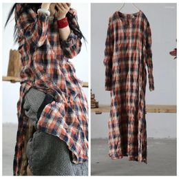 Casual Dresses QPFJQD Female Plaid Pullover Spring Autumn Dress Long Sleeve Linen Robes 2023 Women A-Line Vintage O-Neck