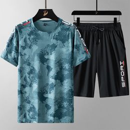 Men's Tracksuits Summer Mens Set Short Sleeve Quick Dry Tshirt and Short Ice Silk Fabric Breathable Male Casual Sports Suit Fashion Two Piece Set 230421