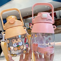 Mugs 1000Ml Kawaii Plastic Water Cup High Beauty Double Drinking Big Belly Cup Cute Cartoon Student Water Cup with Sticker Z0420