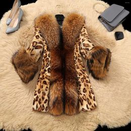 Women's Leather Faux Fur Collar Classic Leopard Print Long Coat Women Plus Winter Warm