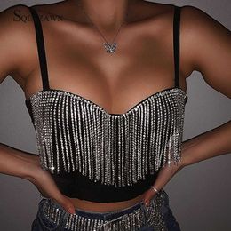 Diamond Tassel Patchwork Glitter Bustier Tops Party Night Club 2020 Summer Off Shoulder V Neck Shiny Crop Top Black Tank Tops P230421