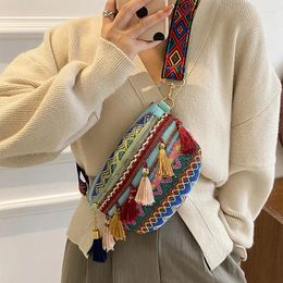 Waist Bags Women Folk Style Bag With Adjustable Strap Variegated Color Fanny Pack Fringe Decor Crossbody Chest Fashion
