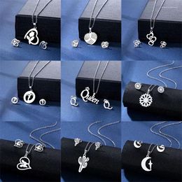 Necklace Earrings Set Light Luxury Cactus Heart Moon Star Stainless Steel Geometric Pendant Stud Earring Gifts For Women Girls