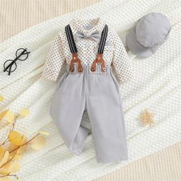 Clothing Sets 0-18M Baby Boy 3-Piece Set Of Gentleman'S Long-Sleeved Polka Dot Printed Shirt Overalls Hat Clothes