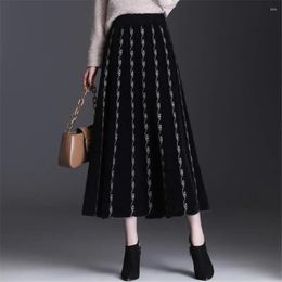 Skirts Winter Thick Mink Fleece Pleated Skirt Women 2023 Autumn High Waist Midi Knitted Korean Black Jacquard Long A-Line