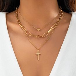 Pendant Necklaces Vintage Heart Shaped Cross Lock Bone Necklace Women 2023 Multi Layered Hollow Chain Metal Girls Fashion Jewellery