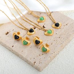 Necklace Earrings Set Ins Style Glass Inlay Pendant Stainless Steel Heart For Women Girls