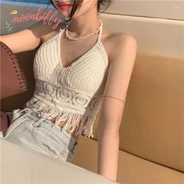 Women's Tanks Woman Sexy Top Crochet Tank Tops Women Corset Femme Crop Camisole Fashion Knit Camis Built In Bra Back Lace Halter Neck