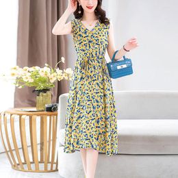 Casual Dresses Summer Female Elegant For Women 2023 Print Knee-length V-neck Floral Dress Clothing