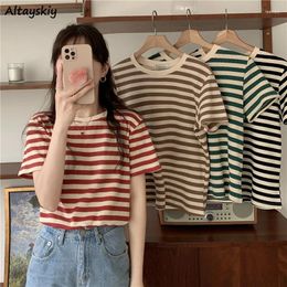 Women's T Shirts T-Shirts Women Sweet Casual Basic Striped Trendy Cosy Stretchy O-neck College Ins Design Korean Style Summer Retro