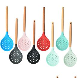 Spoons Sile Cooking Strainer Nonstick Heatresistant Wooden Handle Colander Spoon Skimmer Kitchen Tool Lx5322 Drop Delivery Home Gard Dh9Lg