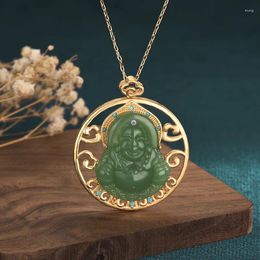 Pendant Necklaces National Fashion Ancient Plating Gold Inlaid With Jade Craft Imitation Buddha Maitreya Lucky