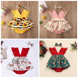 Girl Dresses Vintage Baby Sleeveless Criss-Cross Dress Kid Print Headband Todder Princess Children Clothing 0-24Month