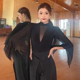 Stage Wear Black Ballroom Dance Performance Tops Mesh Floating Sleeves Tango Clothing Women Latin Waltz Standard Dancewear DL11363