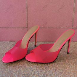 Olomm Handmade Women Mules Sandals Slippers Sexy Stiletto Heels Peep Toe Pretty Fuchsia Casual Shoes Ladies US Plus Size 5-20