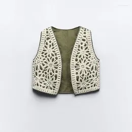 Women's Vests 2024 Spring Autumn Women Embroidered Quilted Vest V-neck Cardigan Short Sleevesless Sweater Street Casual Fit Waistcoat