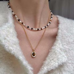 Summer French Natural Tiger Eye Stone Fritillaria Necklace for Female Minority Retro Ins Advanced Layered Collar Chain