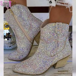 Boots 2023 Rhinestone Decor Zipper Design Boots For Women Chunky Heel Fashion Trendy Crystals Cowboy Boots Glitter Shoes Woman T231121