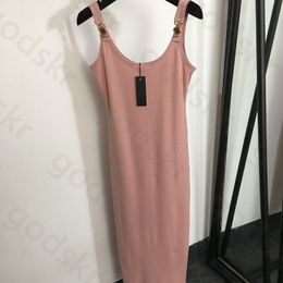 Vestido longo de malha com fivela de metal, vestido feminino sexy sem costas de algodão, vestido luxuoso de malha elástica rosa