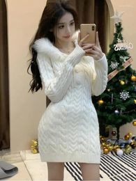 Women's Hoodies Korean Winter Elegant Woman Sweater Pullover Sexy Slim Feathers Neck Chic Dress Knitted Buttocks Outwear