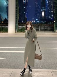 Two Piece Dress Gray-green Short Blazer Jacket Split Skirt Sets Autumn Korean Fashion Suit Two Piece Women Outfits Female Clothes for 230421