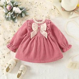 Girl Dresses Toddler Girls Long Sleeve Solid Color Ruffle Bowknot Dress Dance Party Winter Clothes Baptism Outfit For 0 To 3 Years