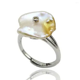 Cluster Rings Natural Freshwater Pearl Ring Petal Shape Baroque Cubic Zirconia Design Women's Adjustable