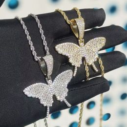 Iced Out Bling Cz Paved Butterfly Pendant Necklace with Rope Chain Hip Hop Fashion Women Men Jewellery