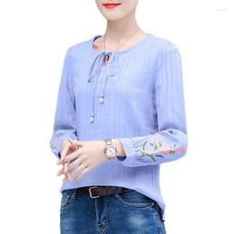 Women's Blouses Women Spring Shirt Embroidery Autumn Ladies Tops Solid Casual OL Floral Print Blusas White Blue Pink Tie DF2371