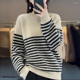 Women's Sweaters Cashmere Sweater Autumn And Winter Warm Long-sleeved Crew Neck Pullover Loose Comfortable Striped