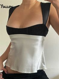 Yiallen Aesthetic Satin Patchwork Milkmaid Cami Top Y2K Fairy Grunge Backless Tie Up Mini Vest Retro Women Crop Top Streetwear P230421