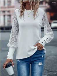 Women's T Shirts 2023 Autumn Women Sexy Round Neck Vintage Lace Long Sleeve Solid Elegant Button Knitted Shirt Top Ladies Blouse
