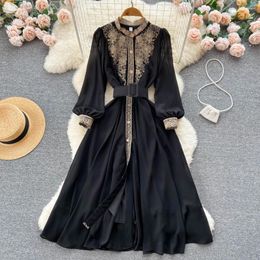 Casual Dresses Retro Elegant Lace Patchwork O Neck Dress A-line Long Sleeve High Waist Women Ceremonial