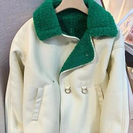 Jackets Coat Girls Winter Season Korean Turn Down Collar PU Leather Color Matching Furs Tide Childrens Clothing Warm