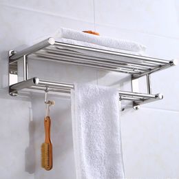 Bathroom Shelves Stainless Steel Bathroom Towel Holder Wall Mounted Towel Rack Bath Shower Organizer Kitchen Storage Shelf With 4 Hooks 230421