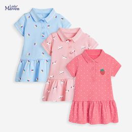 Little Maven New Summer Kids Cute Light Blue Peter Pan Collar Red Apple Girls 2-7yrs Lantern Sleeve Cotton Knitted Smock Dresses L231121