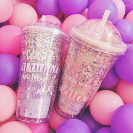 Mugs Candy Color Plastic Cup Water Bottle For Girls Cute Star Sequin Double Pink Drinking Bottles With Straw Coffee