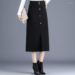 Skirts Women Autumn Winter High-waisted Skirt Female Woollen Pockets Long Slit Woman Fashion Single Breasted A-line P80