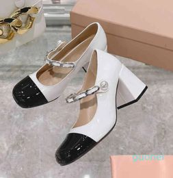 medium heel small fragrance single shoes thick French round head high Pearl White Mary women