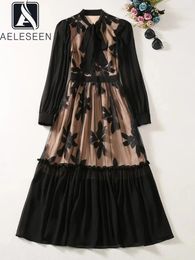 Casual Dresses AELESEEN Women Vintage Long Dress Runway Fashion Black Autumn Lacing Up Flower Embroidery Edible Tree Elegant Holiday