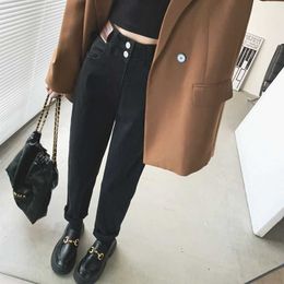 Calças de brim femininas preto cintura alta harlan jeans feminino 9/4 pequeno mais lã tamanho solto rabanete pai calças outono e inverno