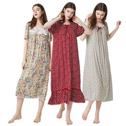 Women's Sleepwear Women's Short-Sleeved Sleeping Dress Cotton Sleepwear Long Loose Floral Printed Nightdress Nightwear Comfy Home Dress 230421