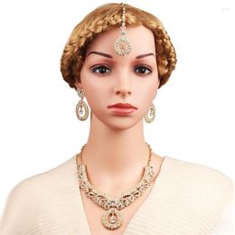 Necklace Earrings Set White Rhinestone Forehead Chain Three Piece Bridal Wedding Jewelry