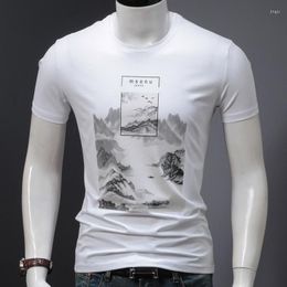 Men's Shirts Graphic Landscape Painting Men Slim Fit White T-Shirts Mens Short Sleeve Tshirt Cotton Stretch Top S-4XL