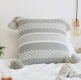 Pillow Bohe Nordic Wool Knit Cover Vintage Grey Tassels Case Soft For Sofa Chair Home Decoration 45cm