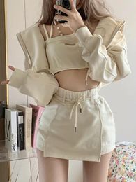 Work Dresses Autumn Casual Kawaii 3 Piece Set Women Japanese Sweet Hooded Sweatshirt Suit Female Korean Designer Solid Mini Skirt 2023