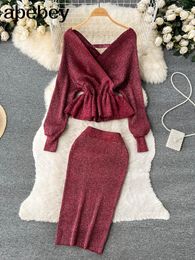 Two Piece Dress Autumn Winter Two Piece Set Women Winter Long Sleeve Jumpers Sweater Skirt Set Warm Knitted Outfit Top and Skirts Sets Outfits 230421