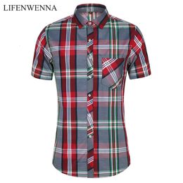 Men's Casual Shirts Fashion Plaid Shirt Men Summer Short Sleeve Mens Plus Size Beach Hawaiian Tops Blouse Male 5XL 6XL 7XL 230421