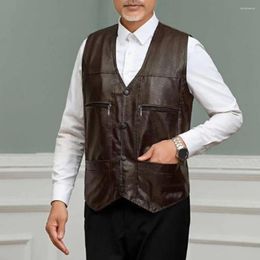 Men's Vests Men Vest Faux Leather Thick Plush Multi Pockets Sleeveless Single-breasted Warm Windproof Mid-aged Father Waistcoat